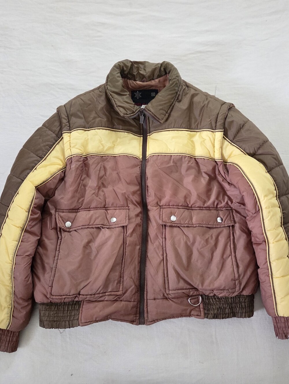 Vintage Men's Brown & Yellow Colorblock Puffer Jacket XL Neutral - Picture 1 of 14